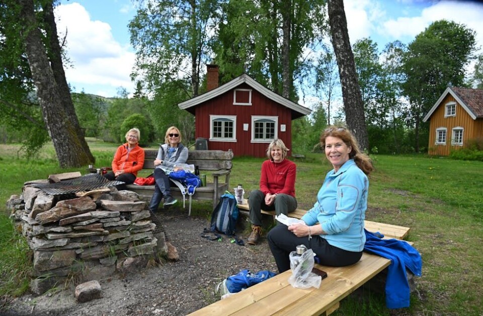 SKIENSDAMER PÅ TUR: Wera Grand Haukenes, Berit Iversøn, Lisbet Verling og Bitte Blom-Bakke frå Skien skulle gå heilt frå Nes til Bø. Her rastar dei på Tangen. FOTO: Hilde Eika Nesje
