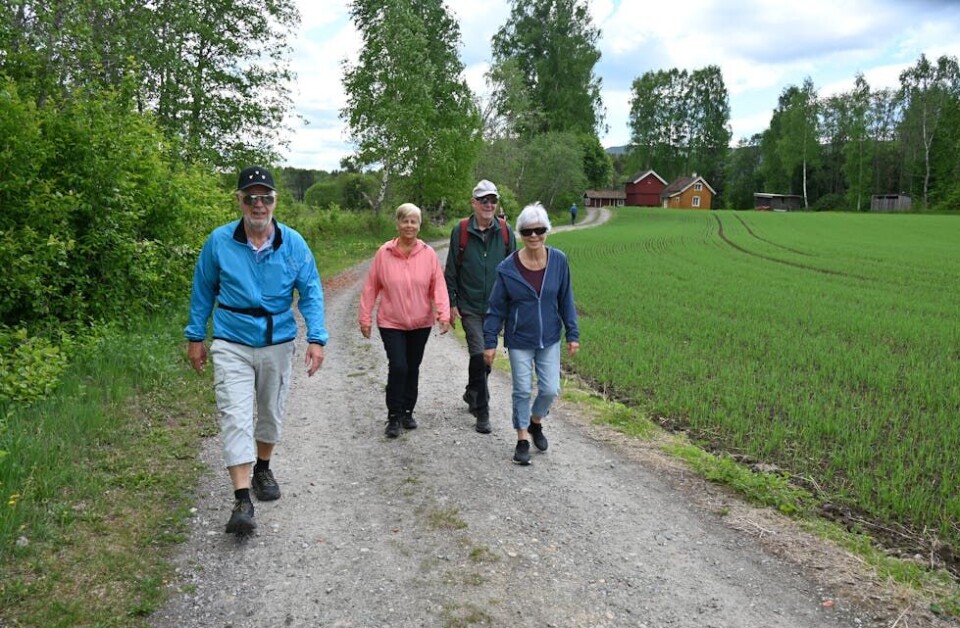 FELLESSKAP: Det er ikkje første gong desse fire, alle busett i Bø og med etternamn Erikstein, har vore på pilegrimstur i Midt-Telemark. F.v. Kjell, Solgunn, Olav og Signe. FOTO: Hilde Eika Nesje