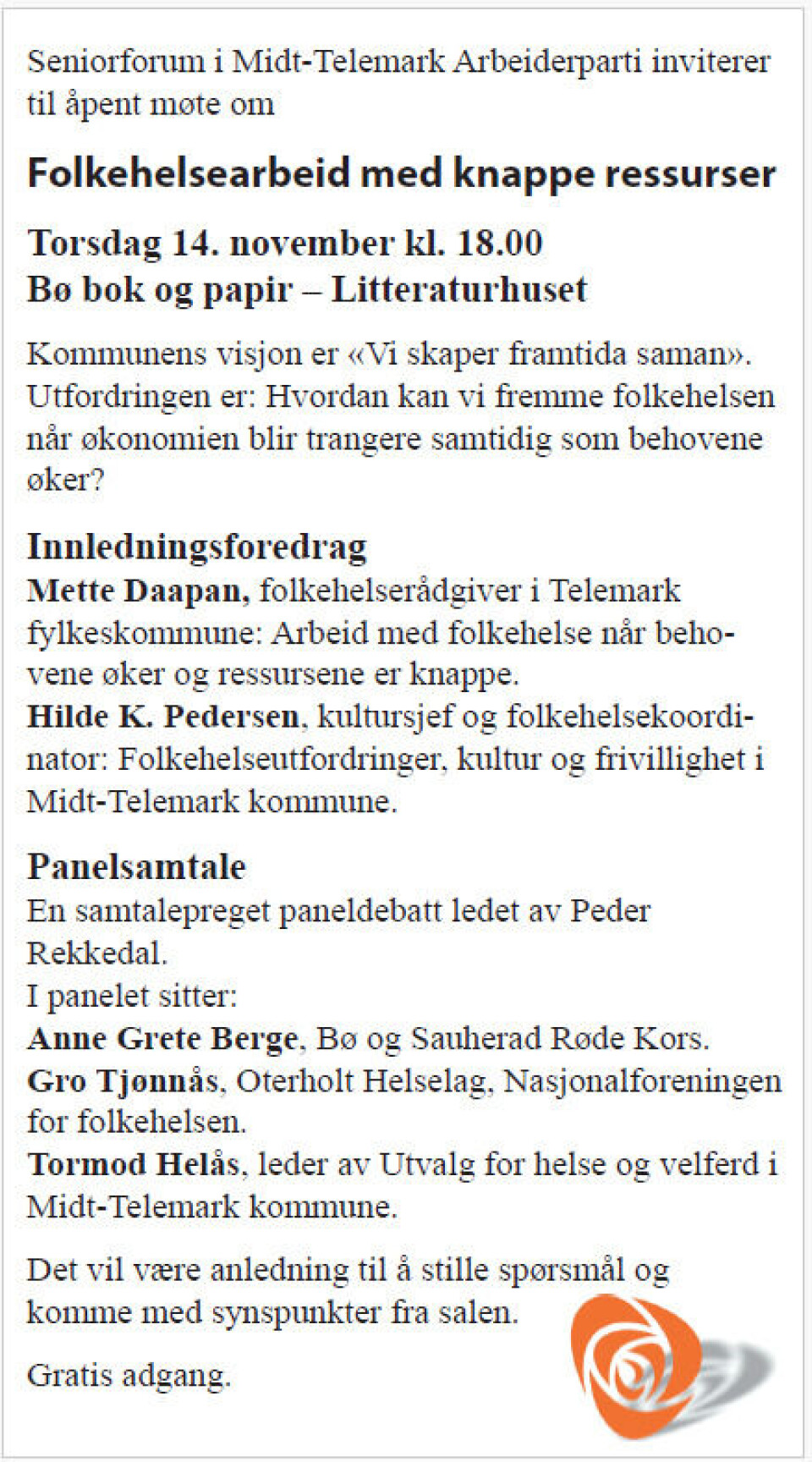 Åpent møte: Folkehelsearbeid med knappe ressurser
