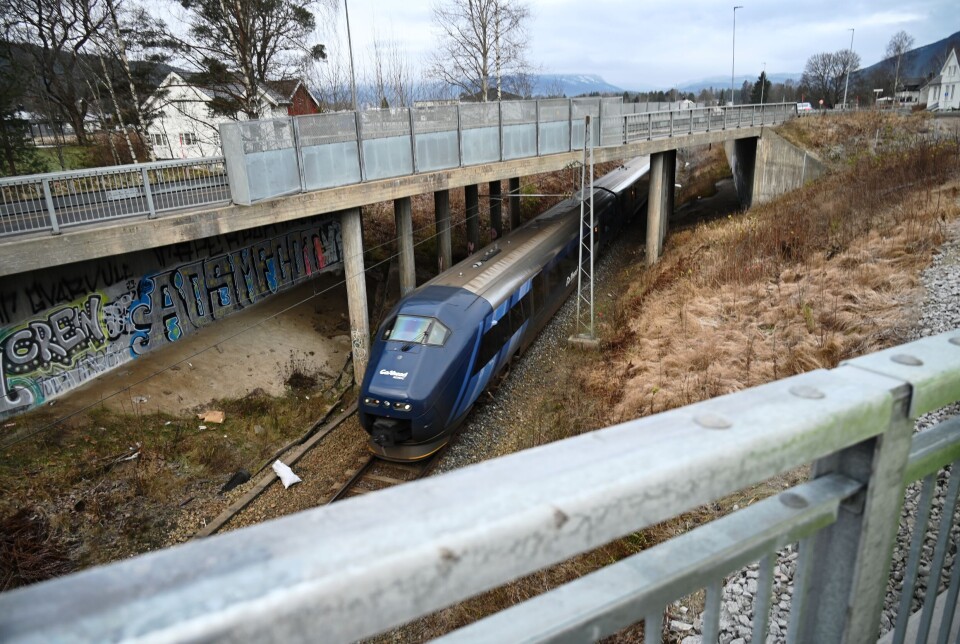 UNDER BRUA: Sørtoget ved Gvarv, på veg mot Oslo.