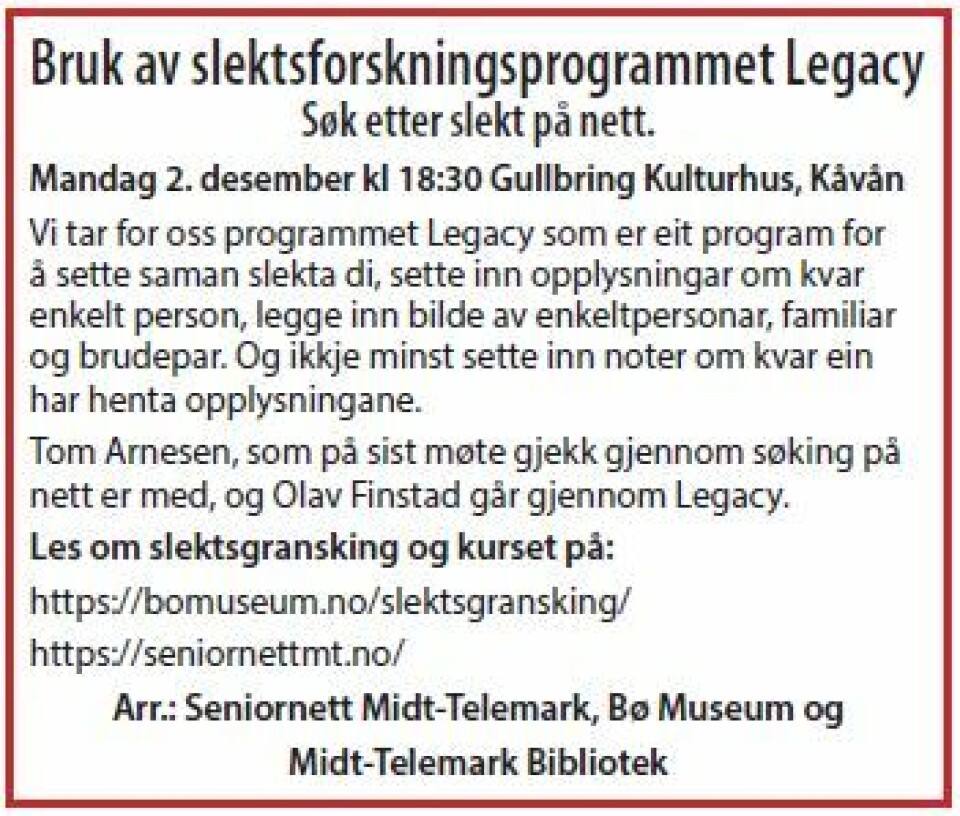 Kurs: Bruk av slektsforskningsprogrammet Legacy