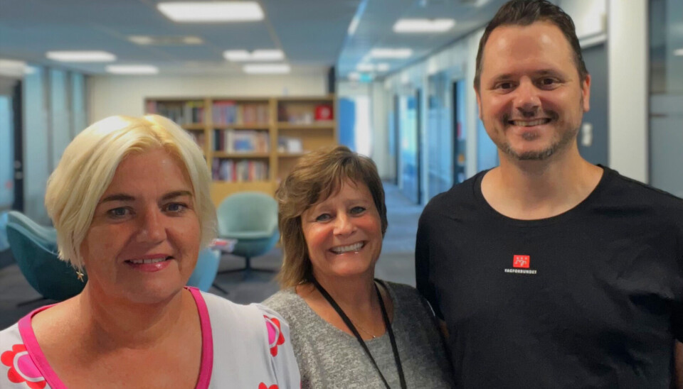 MEINING: Kenneth Solheim, nestleiar, Lise Larsen, yrkesseksjonsleiar for helse og sosial og Carol Nyland Rasmussen, yrkesseksjonsleiar for kontor og administrasjon ved Fagforbundet Telemark.