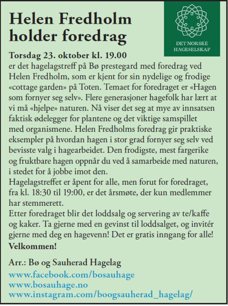 Foredrag med Helen Fredholm